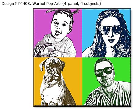 Personalized Warhol inspired Pop Art Portraits of Husband, wife, child and pet, 4 panels