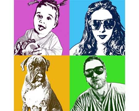 Personalized Warhol inspired Pop Art Portraits of Mom, Dad, child and pet, 4 panels