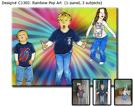 Rainbow Pop Art kids portrait 1-panel, 3 subjects