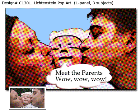 Mother, father and their child, portrait in Lichtenstein style