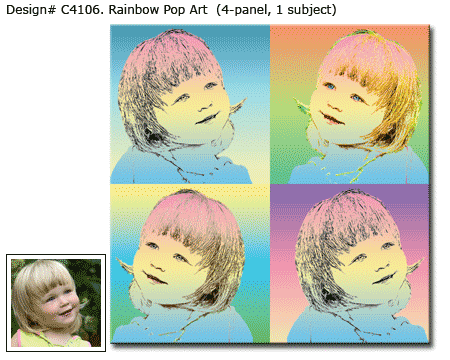 Rainbow pop art portrait of a girl in pastel colors of four squares