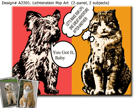 Unique Lichtenstein 2 panel Pop Art Dog and Cat Comic Portrait