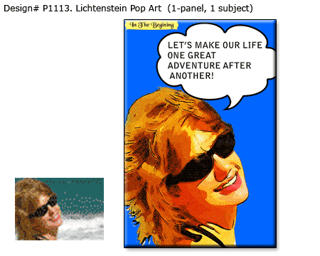 An example of a pop art portrait in the Lichtenstein style of woman on blue background from a photo to order